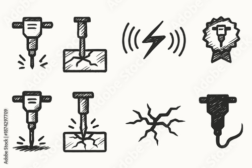 Construction tools outline icon set. Jackhammer, vibration, crack, repair icons collection.