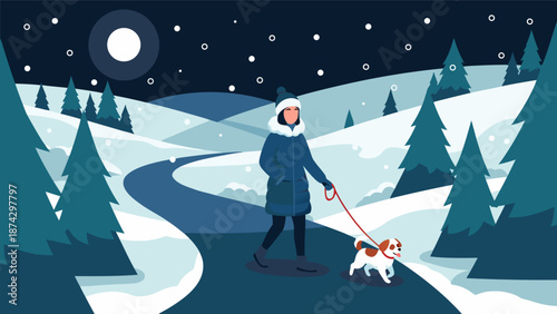 Charming vector illustration of a person walking their dog through a snow-covered forest path under a starry night sky