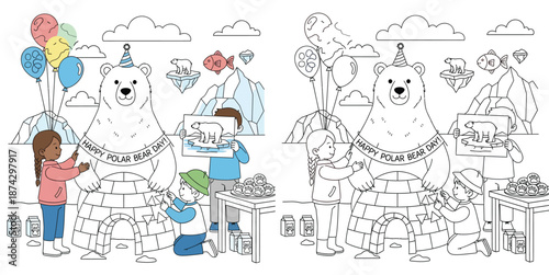 Cartoon Kids Celebrating Happy Polar Bear Day with Large Polar Bear Mascot, Igloo, and Arctic Background Illustration for School Activity, Awareness, and Children Educational Graphic Design.