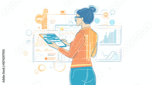 Woman Analyzing Data on Digital Tablet.