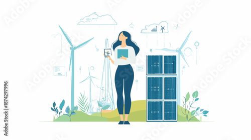 Woman holding tablet near solar panel.