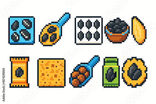 Pixel art icon set: spices, cooking, food ingredients in pixel style