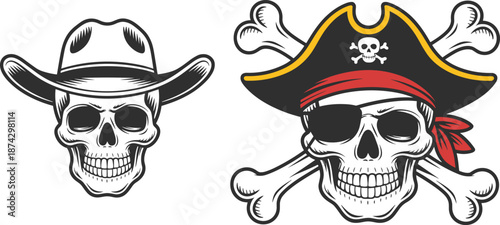 Cowboy skull and pirate skull with crossed bones vintage black white vector illustration for tattoo logo emblem design