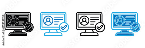 Laptop computer screen showing user profile icon, User profile verification icons on computer screens with checkmarks, Online account interface, digital resume, and identity verification concept