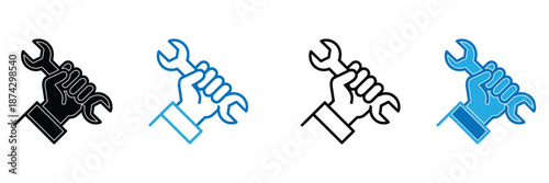 Hands holding wrenches in different colors and styles for repair and maintenance