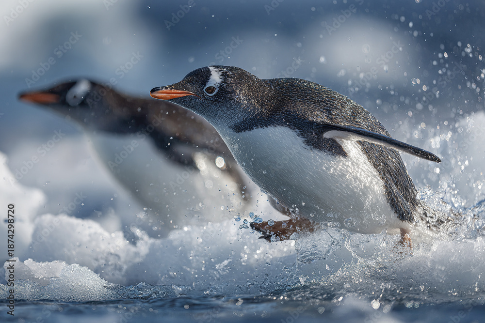 Fototapeta premium Gentoo penguin leaping across icy water with splashes, showing dynamic movement and natural habitat in cold environment with another penguin blurred in background