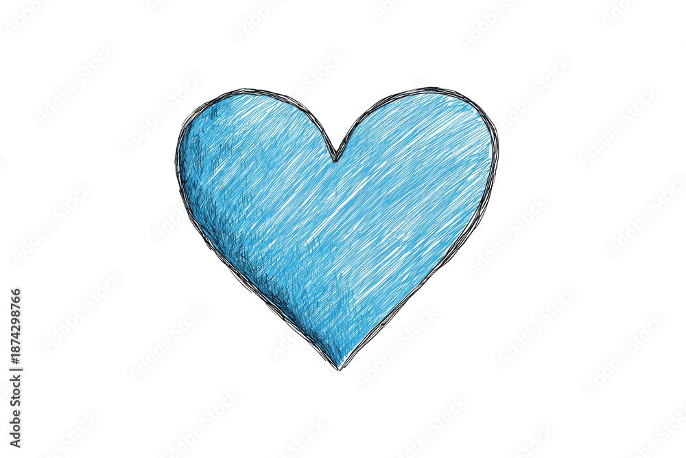 Fototapeta premium Hand-drawn, blue heart shape with a textured, scribbled appearance on a stark black background