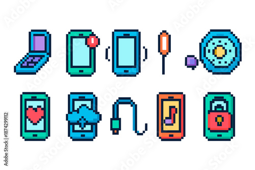Technology pixel icon set. Retro, mobile devices, games, media icons in pixel art style