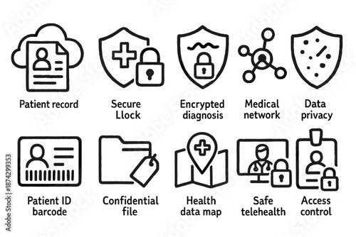 Healthcare security outline icon set. Patient privacy, medical network symbols.