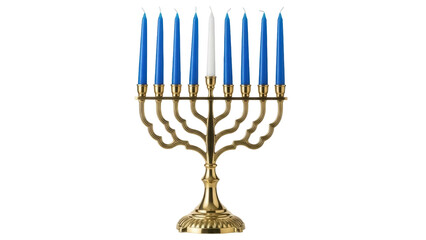Golden Hanukkah menorah with blue and white candles isolated PNG, traditional Jewish holiday symbol on transparent background