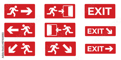 Set of red emergency exit signs with running man symbols and directional arrows. Ideal for safety guidance, evacuation routes, fire escape plans, public buildings, offices, malls, hospitals