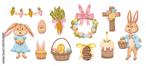 Easter holiday set with bunny, eggs and chick in basket. Spring elements in soft pastel color with texture