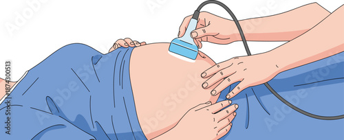 Ultrasound examination illustration, prenatal checkup, medical scan, abdominal transducer, healthcare professional, pregnancy monitoring, diagnostic imaging, patient care, clinical procedure