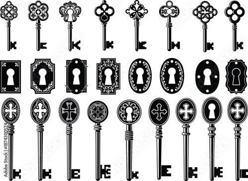 Vintage keys and keyholes, antique design, ornate metalwork, classic lock shapes, historical style, decorative elements, silhouette, collection, retro, security