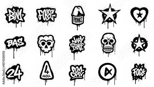 Urban Graffiti Tattoo-Style Icons Vector Illustration Sheet in Black Ink Punk Grunge Street Art Style