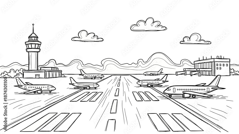 Obraz premium Hand-drawn Airport Scene with Airplanes, Runway, Clouds, and Buildings