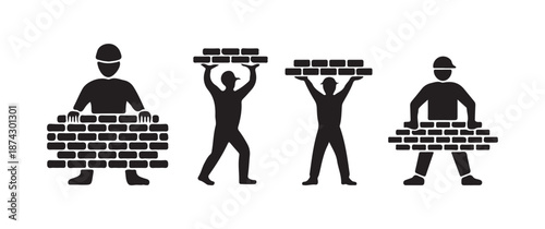 Silhouettes of Construction Workers and Masons Carrying Bricks on Building Site
