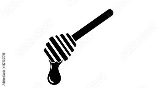 Against a stark white backdrop, a solid black silhouette depicts a grooved honey dipper suspended in mid-motion, releasing a luscious, teardrop-shaped drizzle of sweet nectar from its ridged head