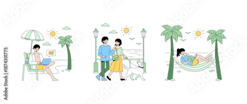 Relaxing Beach Activities Vector Illustration Set
