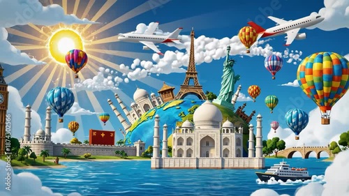 Illustration of global landmarks and travel icons around the earth