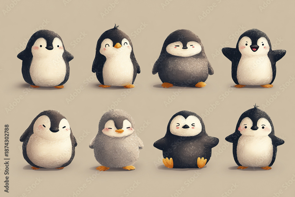 Fototapeta premium Cute cartoon penguin mascot set with kawaii animal style, rounded shapes, and soft textures, showing various happy and playful expressions in charming arrangement