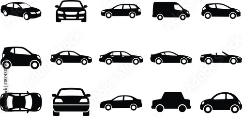 Large collection of black car silhouettes and vehicle icons featuring various automotive body styles like sedan hatchback van and coupe from different view angles