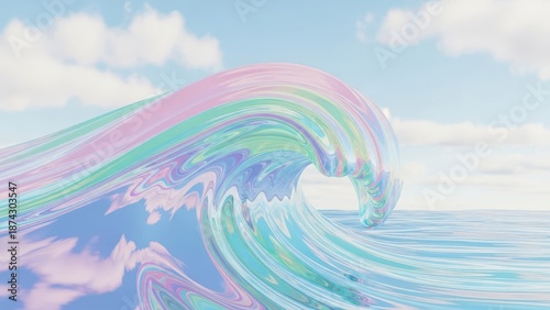Surreal Liquid Wave With Pastel Colors In A Blue Sky With Clouds