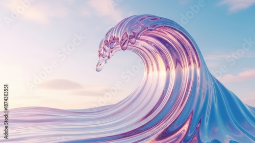 Transparent Liquid Wave Surfing Through Clear Blue Sky With Soft Pink Clouds At Sunrise