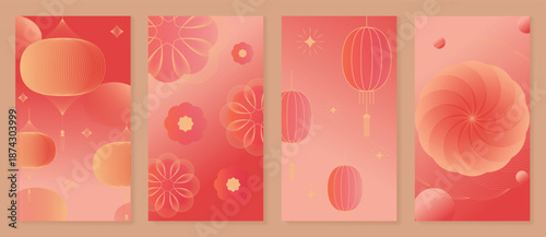 Happy Chinese New Year 2026 lantern vector poster set with red gradient background, floral line art, and hanging lanterns. Elegant traditional design for greeting cards, invitations and banners.	