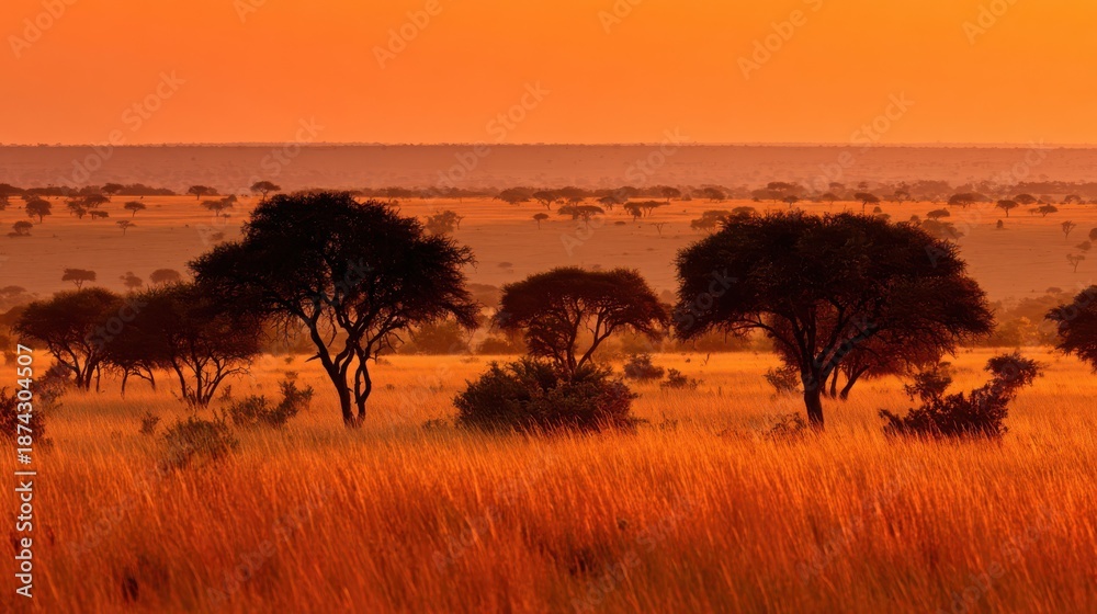 Obraz premium Vast African Savanna Illuminated by Golden Dawn Light with Silhouetted Trees and Waving Grass