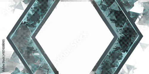Geometric teal frame with fragmented crystal patterns against a dark background
