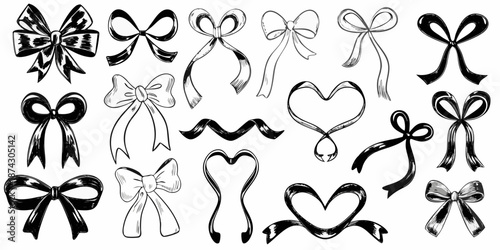 Collection of hand drawn decorative bows and hearts in monochrome style