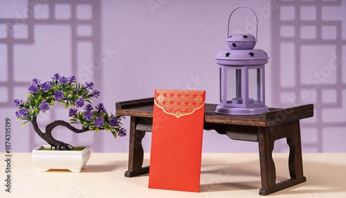 Modern Purple Chinese New Year Still Life with Red Envelope and Lantern