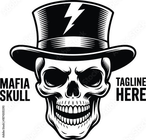 Mafia skull logo illustration with top hat and lightning bolt, bold monochrome gangster style vector artwork for branding, apparel, posters