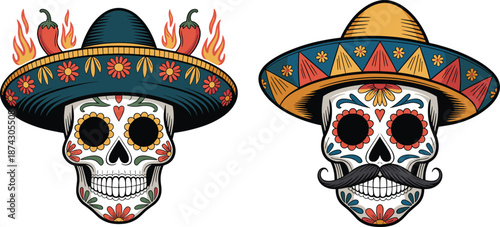 Mexican sugar skull illustration with sombrero hats chili peppers fire and mustache Day of the Dead colorful vector artwork