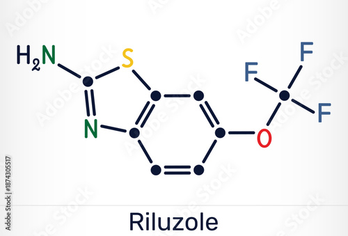 Riluzole benzothiazole neuroprotective drug molecule. Skeletal chemical formula. Vector illustration