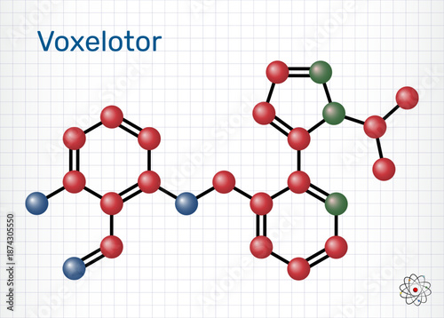 Voxelotor molecule, haemoglobin modifier. Drug used for the treatment of sickle cell disease. Sheet of paper in a cage. Molecular model. Vector Illustration