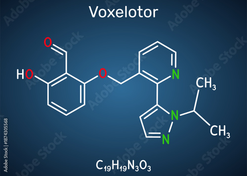 Voxelotor molecule, haemoglobin modifier. Drug used for the treatment of sickle cell disease. Skeletal chemical formula. Dark blue background. Vector illustration