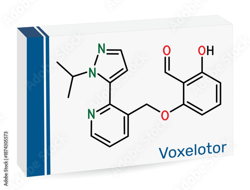 Voxelotor molecule, haemoglobin modifier. Drug used for the treatment of sickle cell disease. Skeletal chemical formula. Paper packaging for drugs. Vector illustration