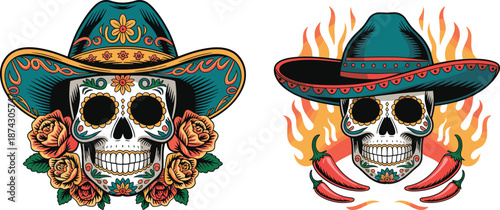 Mexican sugar skull illustration with sombrero roses chili peppers fire elements Day of the Dead colorful vector artwork design