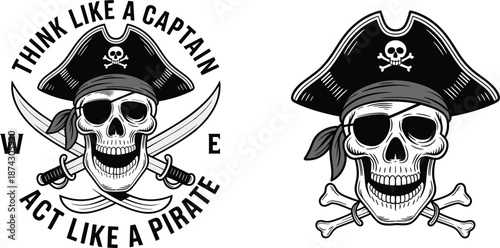 Pirate skull vector illustration with tricorn hat crossed swords and bones featuring think like a captain act like a pirate typography