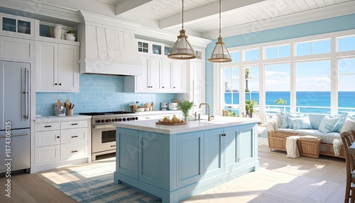 and keyword list based on the image

 Coastal Kitchen Bright, Blue-Accent Decor Inviting Ocean View, Spacious Bright Room