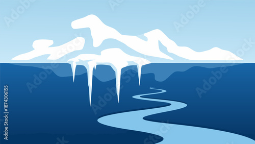 Frozen landscape vector illustration showing an iceberg partially submerged in blue water with icicles hanging