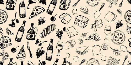 A charming sketch pattern featuring wine cheese pizza and various delicacies