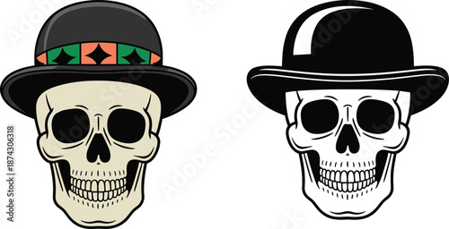 Skull illustration set wearing classic bowler hats, colorful and monochrome cartoon styles, clean vector artwork for logos, branding, apparel, merchandise