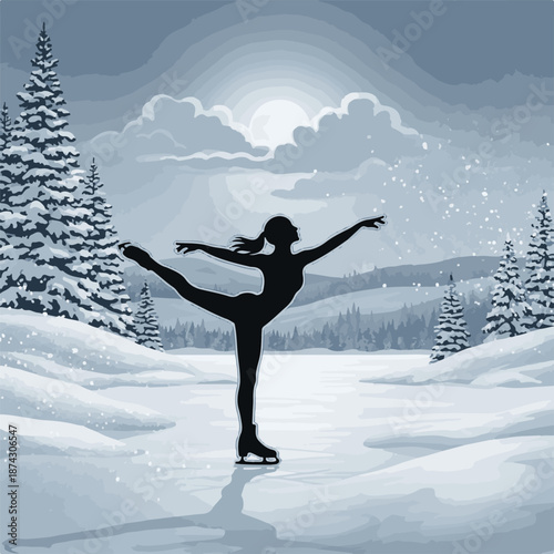 Silhouette of a Graceful Female Figure Skater on a Frozen Winter Lake at Night
