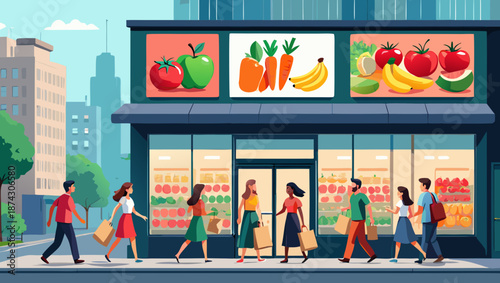 Urban grocery store bustling with shoppers buying fresh fruits and vegetables
