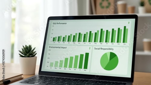 Sustainable Business Strategy ESG Performance and Social Responsibility on Laptop