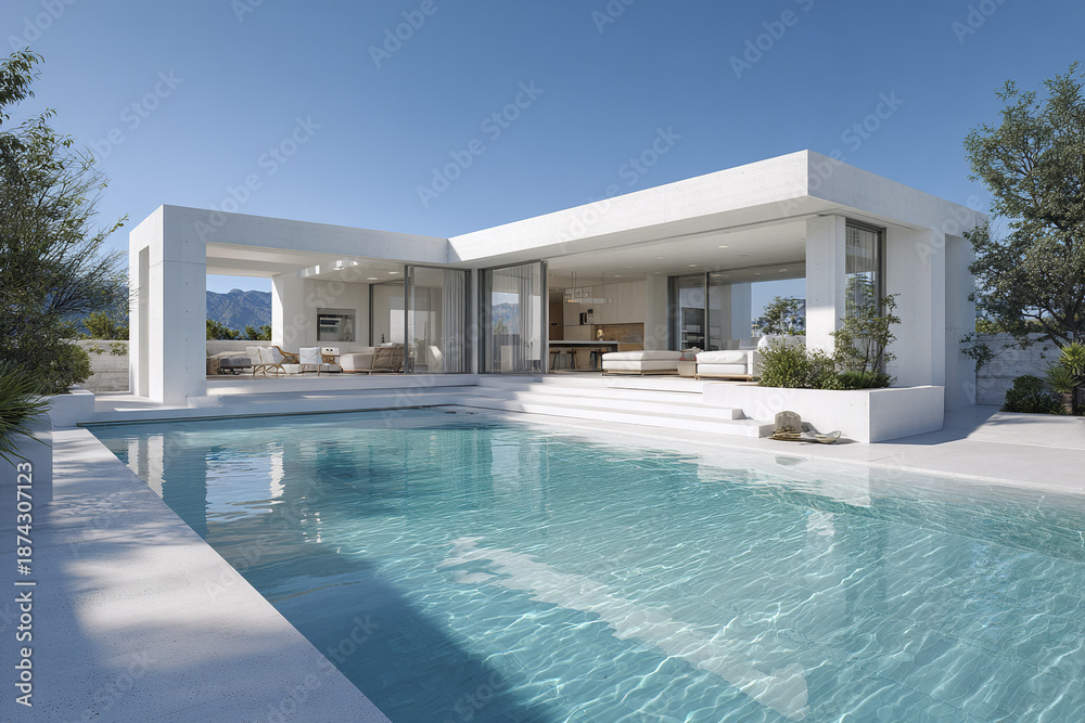 Fototapeta premium Modern minimalist single story house exterior with large glass doors opening to spacious patio and clear swimming pool under bright blue sky, creating serene and luxurious atmosphere