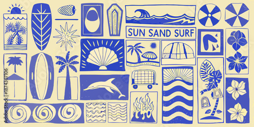 A playful collection of blue and white summer icons and beach illustrations